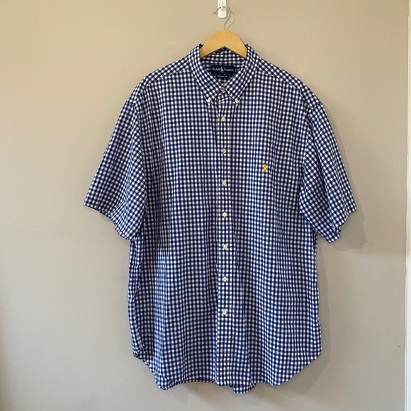 Polo Ralph Lauren Other - Ralph Lauren EUC Mens 2XLT Blue Gingham Short Sleeve Button Up Shirt Yellow Pony